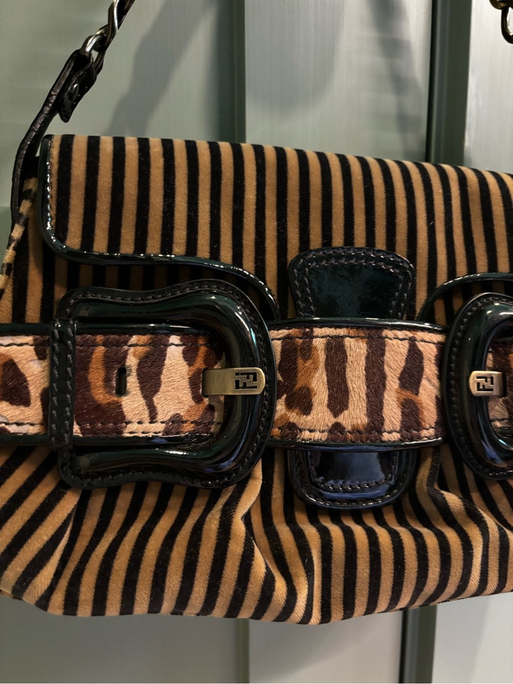 FENDI Pony Hair Stripe Leopard Baguette Shoulder Bag Patent Leather Rare - Picture 9 of 16